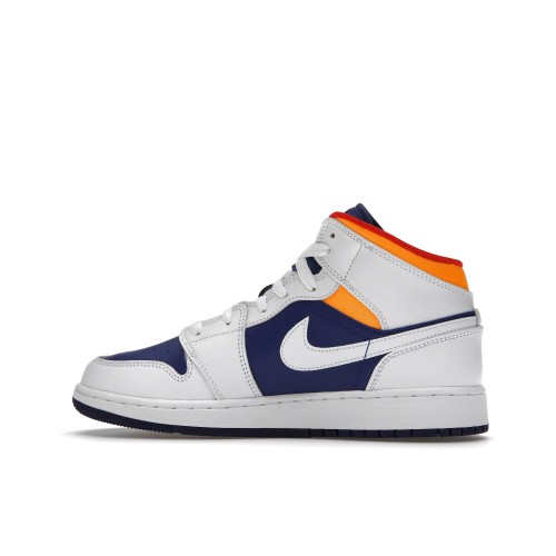 Кроссы Jordan 1 Mid White Laser Orange Deep Royal Blue (GS) - подростковая сетка размеров