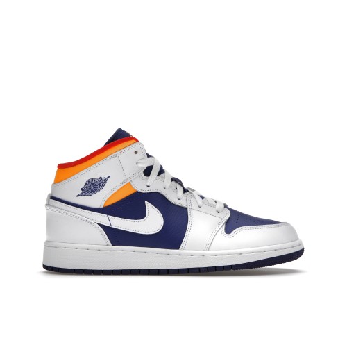 Кроссы Jordan 1 Mid White Laser Orange Deep Royal Blue (GS) - подростковая сетка размеров