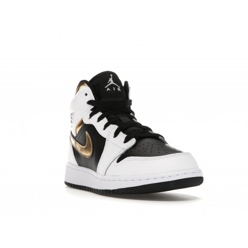Кроссы Jordan 1 Mid White Gold Black (GS) - подростковая сетка размеров