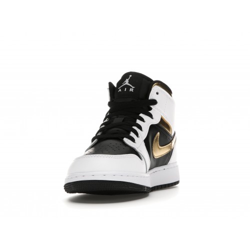 Кроссы Jordan 1 Mid White Gold Black (GS) - подростковая сетка размеров