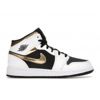 Подростковые кроссовки Jordan 1 Mid White Gold Black (GS)