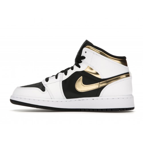 Кроссы Jordan 1 Mid White Gold Black (GS) - подростковая сетка размеров