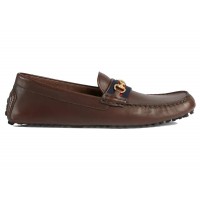 Gucci Ayrton Webbing-Trimmed Horsebit Leather Driver Loafers Brown