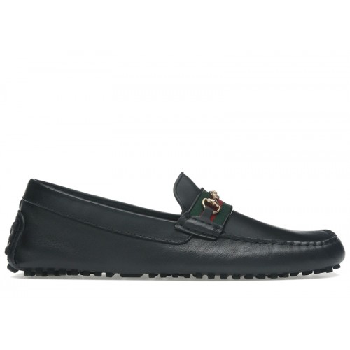 Gucci Ayrton Webbing-Trimmed Horsebit Leather Driver Loafers Black
