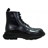 Alexander McQueen Tread Lace-Up Combat Leather Boot Black