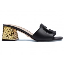 Женские Gucci Interlocking G Leather Sandals Black Golden (W)