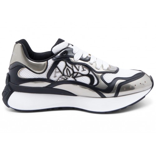 Кроссы Alexander McQueen Sprint Runner Black White Silver-Tone Seal - мужская сетка размеров