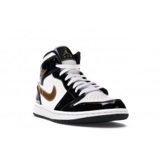 Jordan 1 Mid Patent Black White Gold