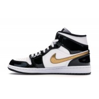 Jordan 1 Mid Patent Black White Gold