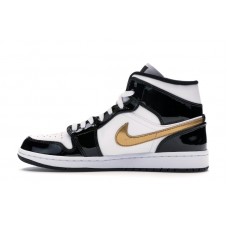 Jordan 1 Mid Patent Black White Gold