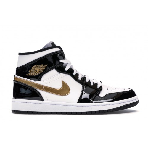 Кроссы Jordan 1 Mid Patent Black White Gold - мужская сетка размеров