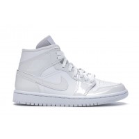Женские кроссовки Jordan 1 Mid Triple White Patent Swoosh (W)