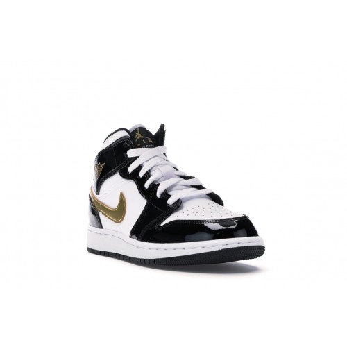 Кроссы Jordan 1 Mid Patent Black White Gold (GS) - подростковая сетка размеров