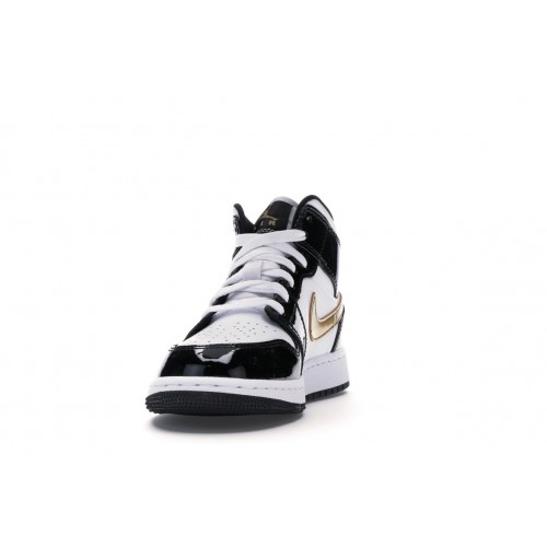 Кроссы Jordan 1 Mid Patent Black White Gold (GS) - подростковая сетка размеров