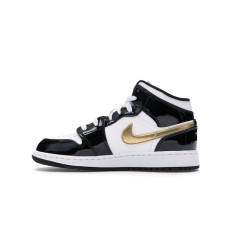 Подростковые Jordan 1 Mid Patent Black White Gold (GS)