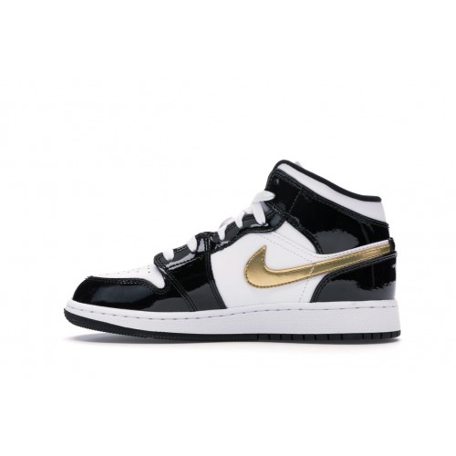 Кроссы Jordan 1 Mid Patent Black White Gold (GS) - подростковая сетка размеров