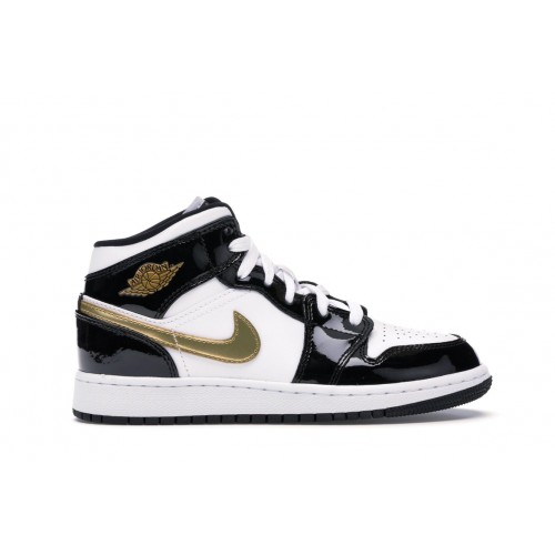 Кроссы Jordan 1 Mid Patent Black White Gold (GS) - подростковая сетка размеров
