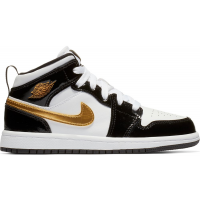 Детские кроссовки Jordan 1 Mid Patent Black White Gold (PS)