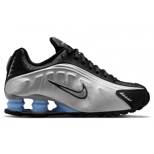 Кроссы Nike Shox R4 Metallic Silver Black Psychic Blue (GS) - подростковая сетка размеров
