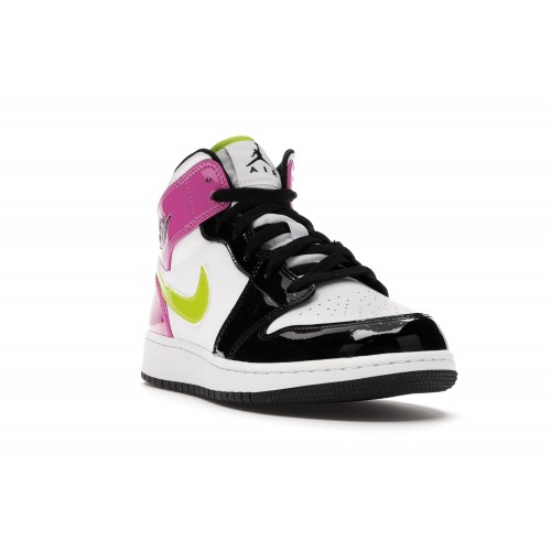 Кроссы Jordan 1 Mid White Black Cyber Pink (GS) - подростковая сетка размеров