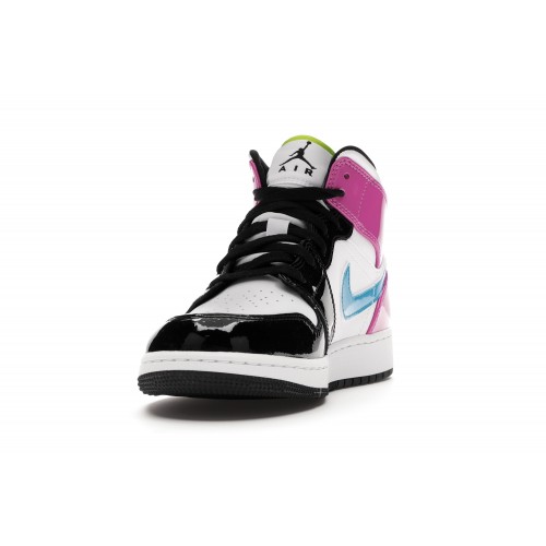 Кроссы Jordan 1 Mid White Black Cyber Pink (GS) - подростковая сетка размеров