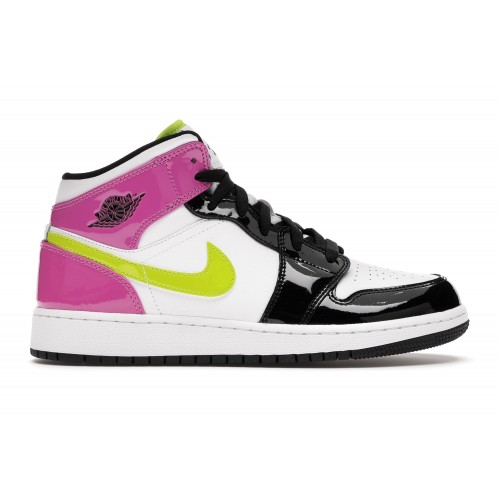 Кроссы Jordan 1 Mid White Black Cyber Pink (GS) - подростковая сетка размеров