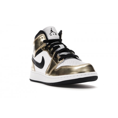 Кроссы Jordan 1 Mid Metallic Gold Black White (GS) - подростковая сетка размеров