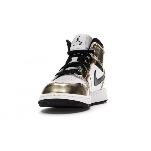 Кроссы Jordan 1 Mid Metallic Gold Black White (GS) - подростковая сетка размеров