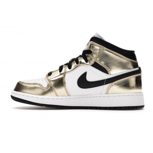 Кроссы Jordan 1 Mid Metallic Gold Black White (GS) - подростковая сетка размеров