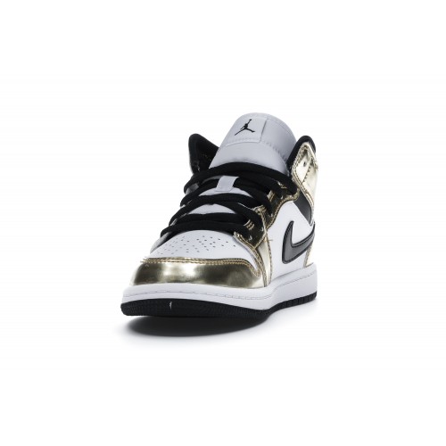Кроссы Jordan 1 Mid Metallic Gold Black White (PS) - подростковая сетка размеров