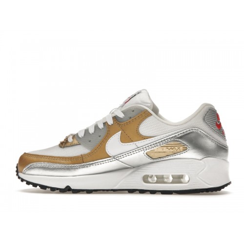 Кроссы Nike Air Max 90 SE White Metallic Gold (W) - женская сетка размеров