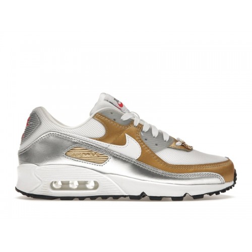 Кроссы Nike Air Max 90 SE White Metallic Gold (W) - женская сетка размеров