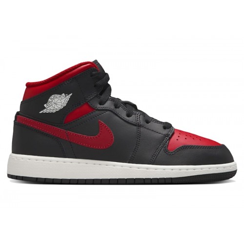 Кроссы Jordan 1 Mid Black Summit White Varsity Red (GS) - подростковая сетка размеров