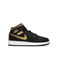 Подростковые Jordan 1 Mid Black Metallic Gold Swoosh (GS)