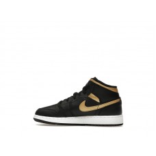 Подростковые Jordan 1 Mid Black Metallic Gold Swoosh (GS)