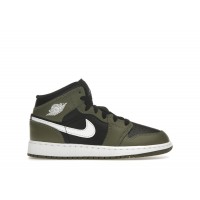 Подростковые Jordan 1 Mid Black White Olive (GS)