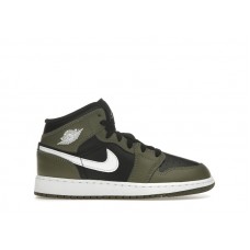Подростковые Jordan 1 Mid Black White Olive (GS)