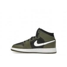 Подростковые Jordan 1 Mid Black White Olive (GS)