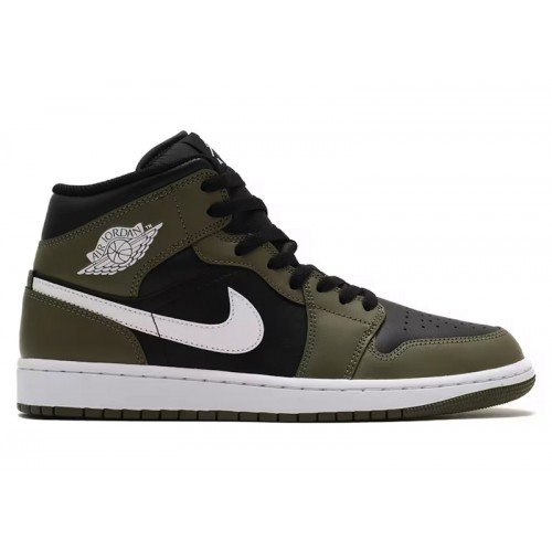 Кроссы Jordan 1 Mid Black White Olive - мужская сетка размеров