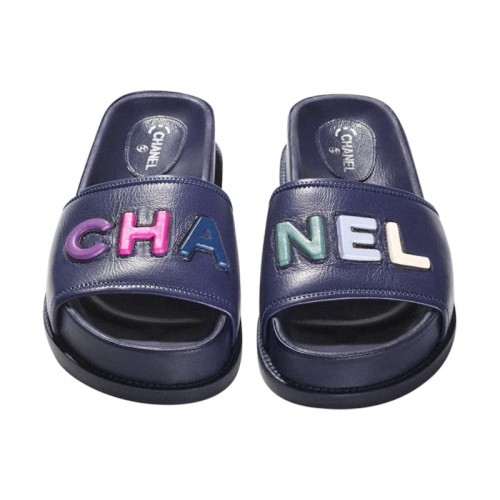 Chanel Logo Mule Sandal Navy Leather - мужская сетка размеров