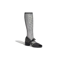Chanel Resille 55mm Knee High Mary Janes Black Crystal Patent Calfskin