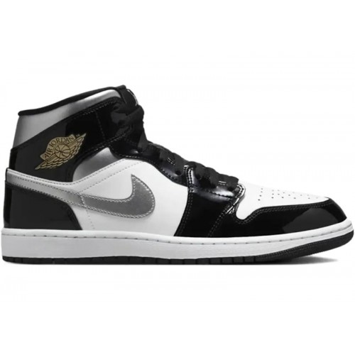 Кроссы Jordan 1 Mid SE Patent Black White Metallic Silver Metallic Gold - мужская сетка размеров