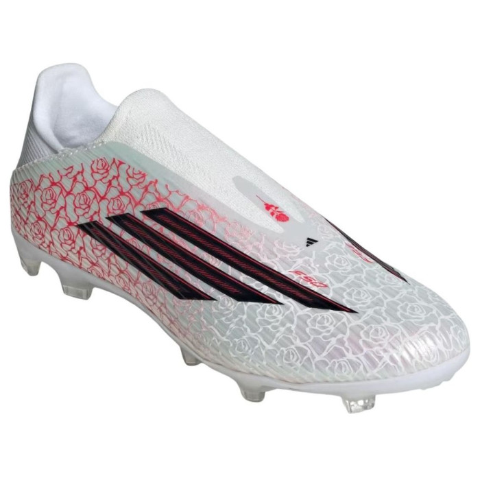 Lamine Yamal x adidas F50 League Laceless FG MG White Black Lucid Red - мужская сетка размеров Lamine Yamal x adidas F50 League Laceless FG MG White Black Lucid Red - мужская сетка размеров