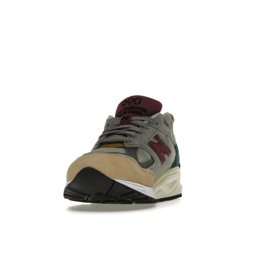 Кроссы New Balance 990v2 Grey Green Maroon - мужская сетка размеров