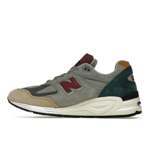 Кроссы New Balance 990v2 Grey Green Maroon - мужская сетка размеров