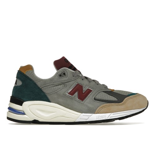 Кроссы New Balance 990v2 Grey Green Maroon - мужская сетка размеров